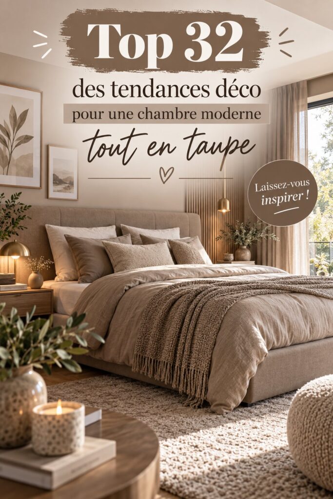 Chambre moderne décorée en taupe avec des touches de couleur et un éclairage chaleureux.