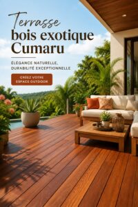 Terrasse en bois Cumaru ensoleillée avec mobilier extérieur