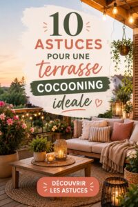 Terrasse cocooning aménagée avec des coussins et des plantes