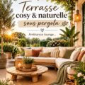 Une terrasse naturelle avec des plantes et du mobilier cosy sous une pergola