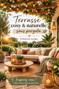 Une terrasse naturelle avec des plantes et du mobilier cosy sous une pergola