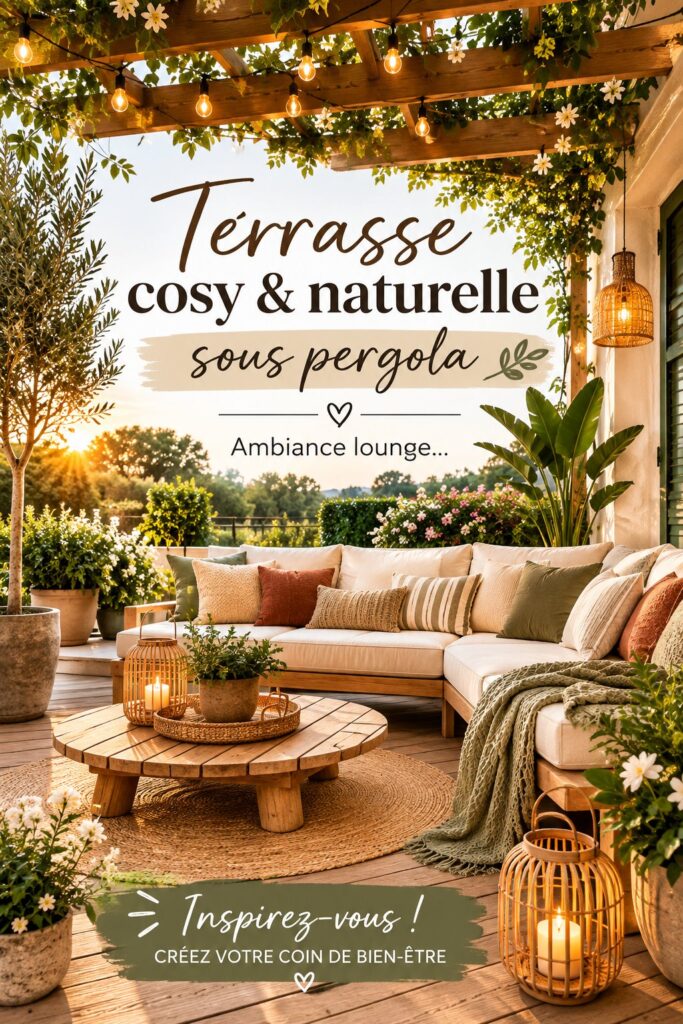 Une terrasse naturelle avec des plantes et du mobilier cosy sous une pergola