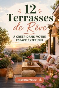 Terrasse en bois aménagée avec des plantes et des meubles confortables