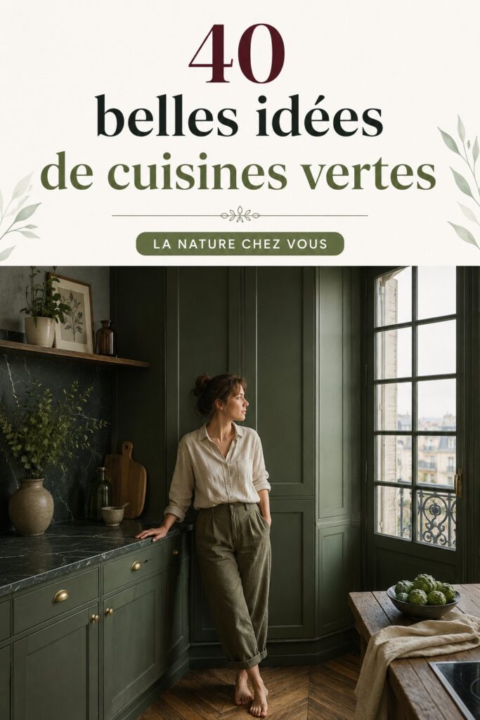 Cuisine moderne élégante avec des touches de vert et de bois.