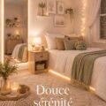 Un salon apaisant avec des couleurs douces et une décoration chaleureuse, mettant en avant des coussins et des plantes.