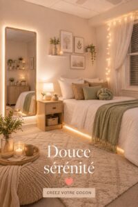 Un salon apaisant avec des couleurs douces et une décoration chaleureuse, mettant en avant des coussins et des plantes.