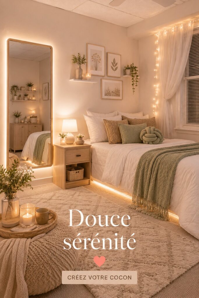 Un salon apaisant avec des couleurs douces et une décoration chaleureuse, mettant en avant des coussins et des plantes.