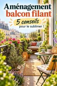 Balcon filant aménagé avec des plantes et des meubles confortables