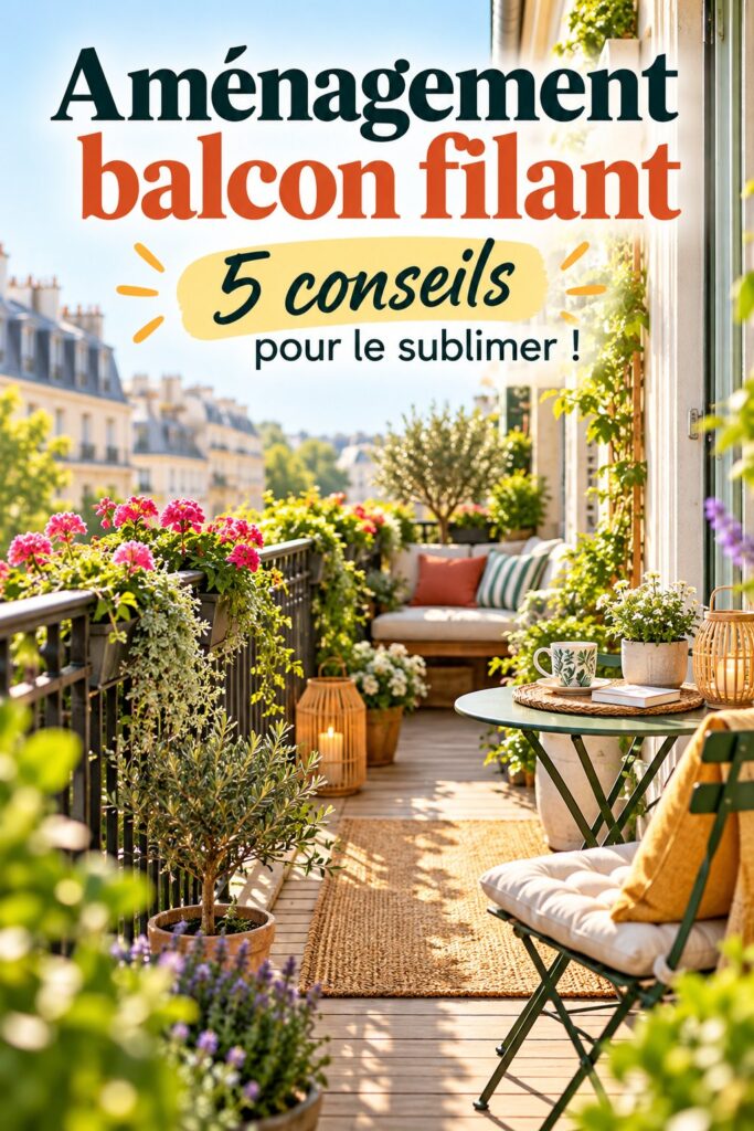 Balcon filant aménagé avec des plantes et des meubles confortables