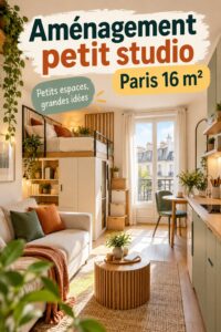 Un petit studio de 16m² bien aménagé avec des meubles fonctionnels et une décoration chaleureuse.