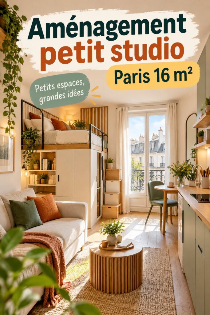 Un petit studio de 16m² bien aménagé avec des meubles fonctionnels et une décoration chaleureuse.
