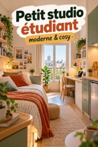 Un studio étudiant moderne avec un aménagement cosy.