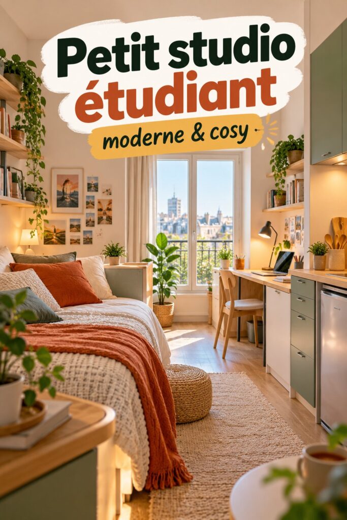 Un studio étudiant moderne avec un aménagement cosy.
