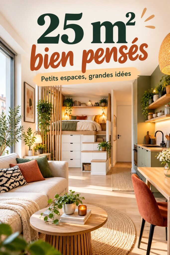 Intérieur chaleureux d'un appartement de 25 m² bien aménagé avec des solutions de rangement et une décoration harmonieuse.