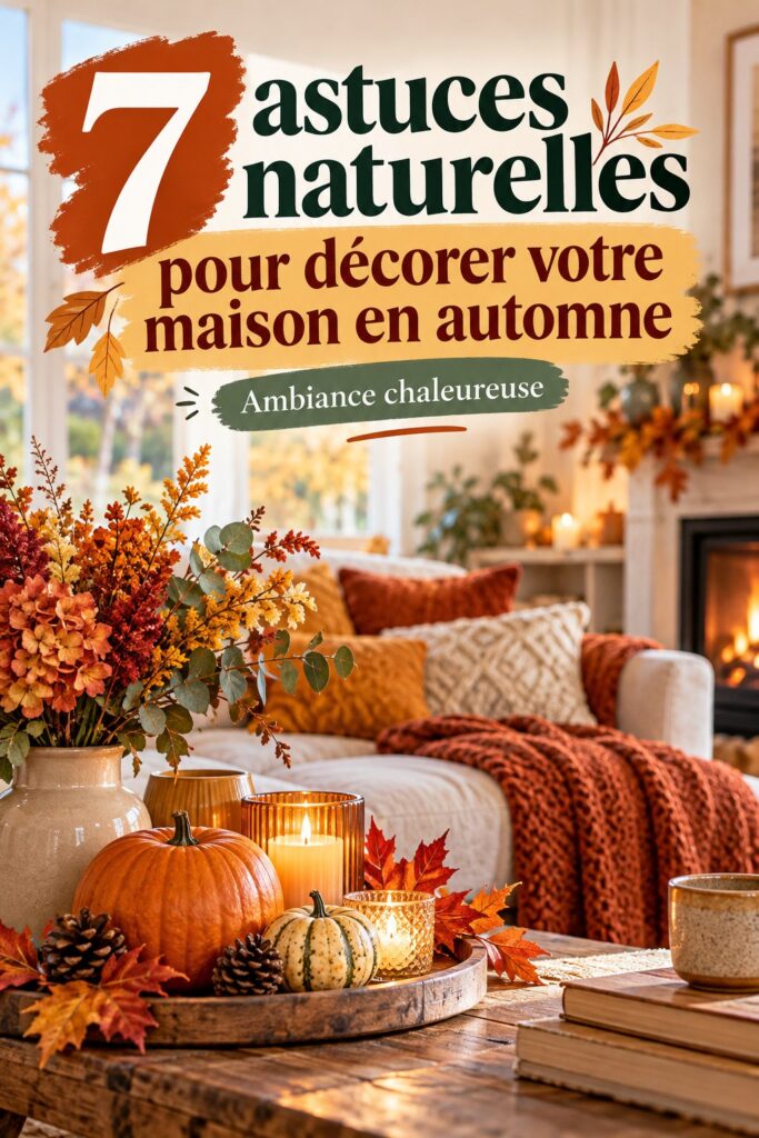 Décoration intérieure d'automne avec des éléments naturels comme des couronnes et des feuilles colorées.