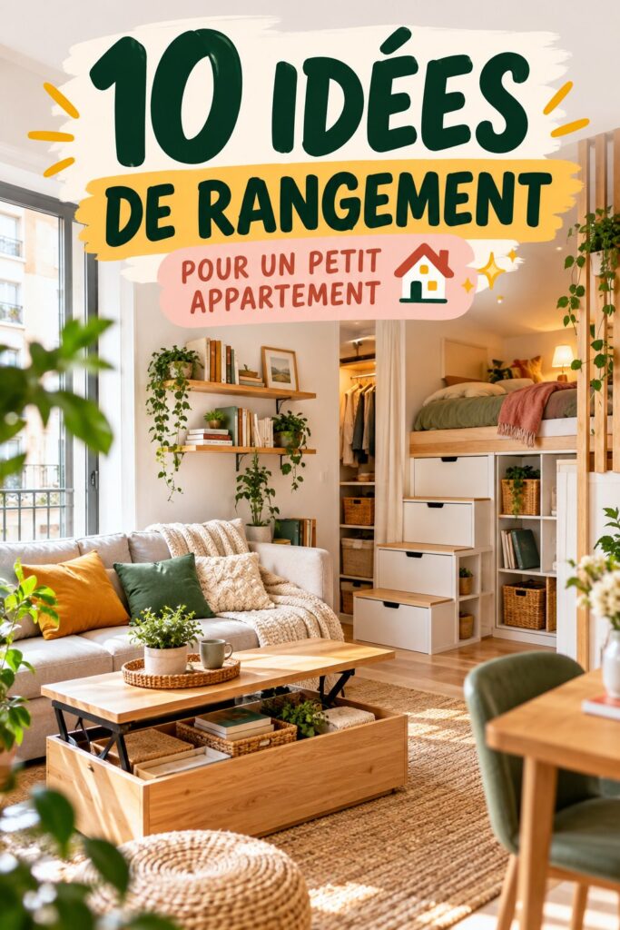 Petit appartement moderne avec rangement vertical et mobilier multifonctionnel.