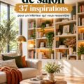 Une bibliothèque moderne en bois dans un salon lumineux, avec des livres et objets décoratifs.