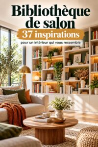 Une bibliothèque moderne en bois dans un salon lumineux, avec des livres et objets décoratifs.