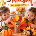 Des enfants souriants réalisant des bricolages colorés pour Thanksgiving.