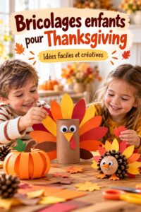 Des enfants souriants réalisant des bricolages colorés pour Thanksgiving.
