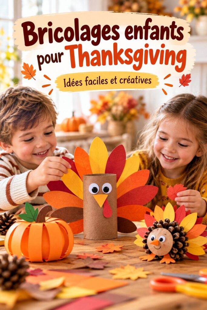 Des enfants souriants réalisant des bricolages colorés pour Thanksgiving.