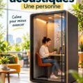 Une cabine acoustique moderne aménagée pour le télétravail avec un siège confortable et des plantes.