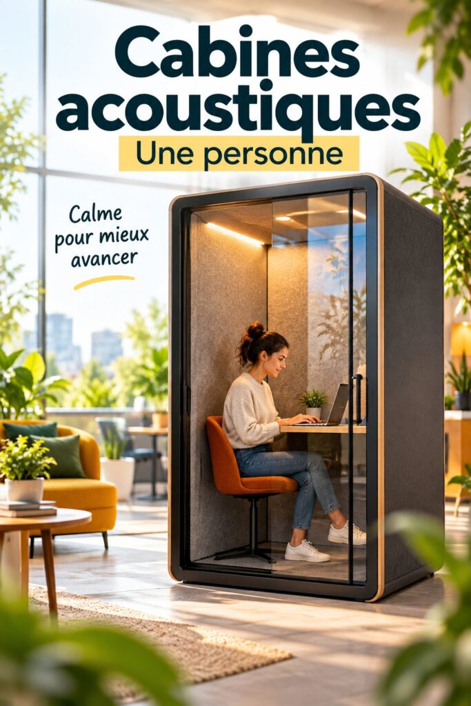 Une cabine acoustique moderne aménagée pour le télétravail avec un siège confortable et des plantes.