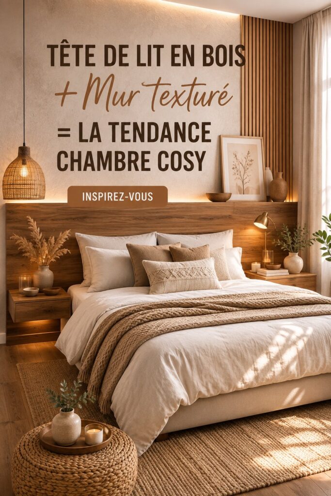 Chambre douillette avec une tête de lit en bois et un mur texturé. Ambiance chaleureuse.