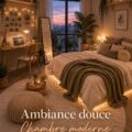 Chambre moderne avec éclairage doux et décoration chaleureuse.