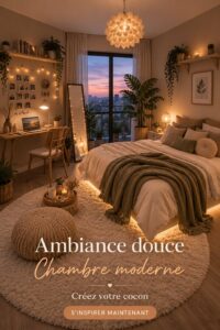 Chambre moderne avec éclairage doux et décoration chaleureuse.