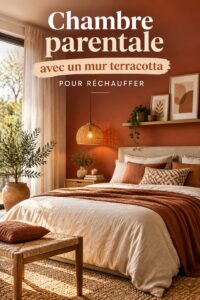 Chambre parentale avec un mur terracotta chaleureux mettant en valeur une décoration cozy