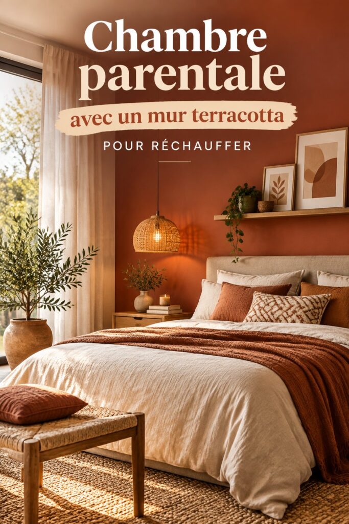 Chambre parentale avec un mur terracotta chaleureux mettant en valeur une décoration cozy
