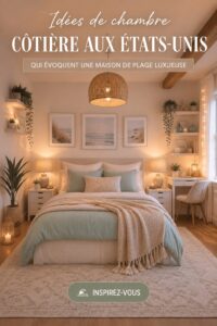 Chambre cosy décorée dans un style côtier avec des touches de bleu et de bois naturel