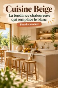 Cuisine moderne en beige avec des éléments chaleureux et accueillants.