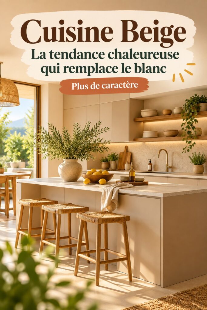 Cuisine moderne en beige avec des éléments chaleureux et accueillants.