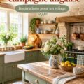 Une cuisine de campagne anglaise chaleureuse avec des meubles en bois et des accents en porcelaine.