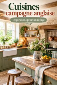 Une cuisine de campagne anglaise chaleureuse avec des meubles en bois et des accents en porcelaine.