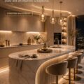 Îlot de cuisine sculptural en marbre blanc dans un cadre moderne