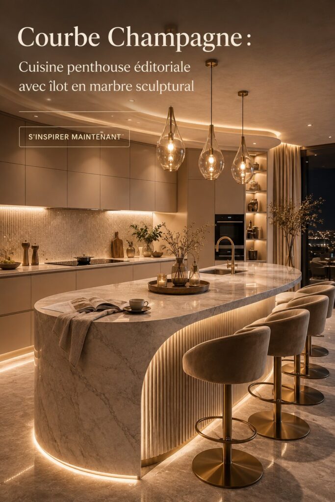 Îlot de cuisine sculptural en marbre blanc dans un cadre moderne