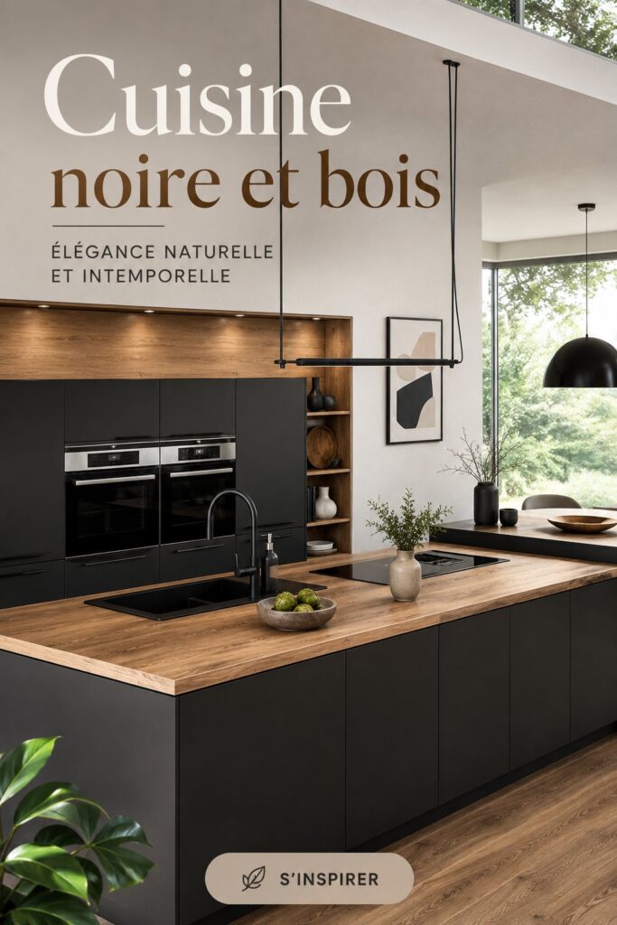 Cuisine moderne alliant noir et bois chaleureux