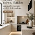 Cuisine moderne aux nuances noir et blanc avec un aménagement chaleureux.