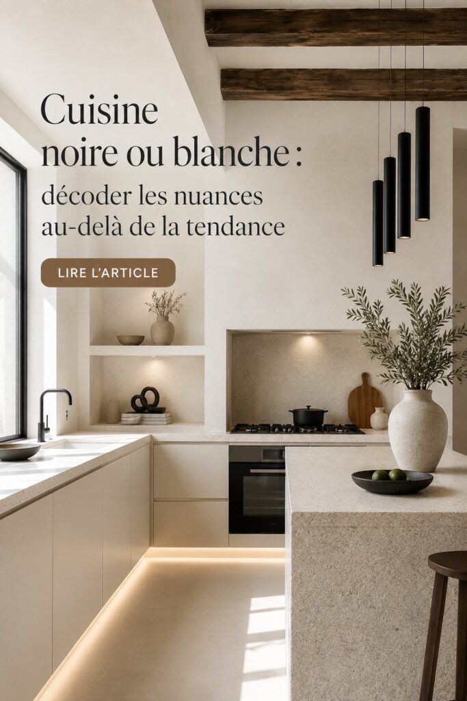 Cuisine moderne aux nuances noir et blanc avec un aménagement chaleureux.