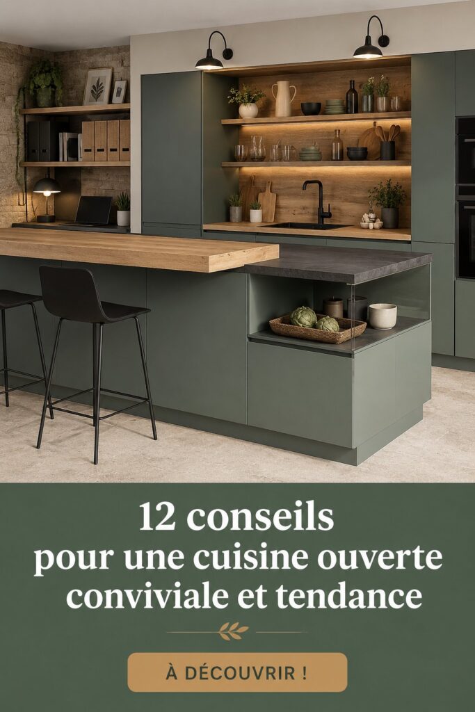 Cuisine ouverte et conviviale avec îlot central en bois