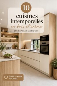 Cuisine en bois et crème, ambiance chaleureuse et accueillante.