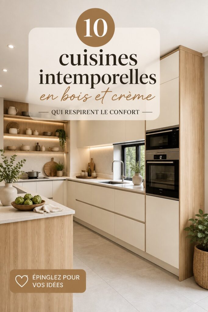 Cuisine en bois et crème, ambiance chaleureuse et accueillante.