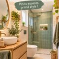 Petite salle de bain décorée avec des couleurs claires et des accessoires modernes
