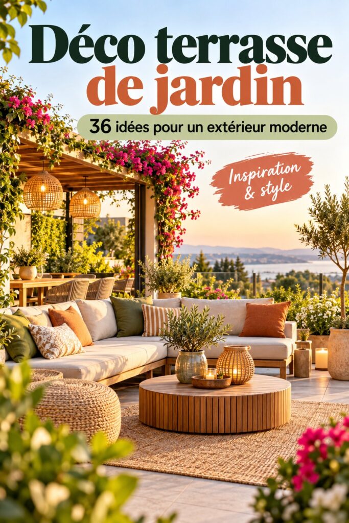 Terrasse de jardin décorée avec des meubles modernes et des plantes luxuriantes