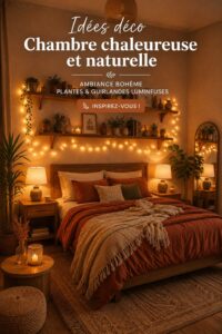 Chambre boho chaleureuse avec des plantes et des lumières féeriques