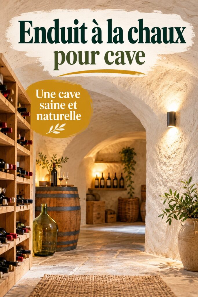 Cave rénovée avec un enduit à la chaux, présentant des murs sains et lumineux.