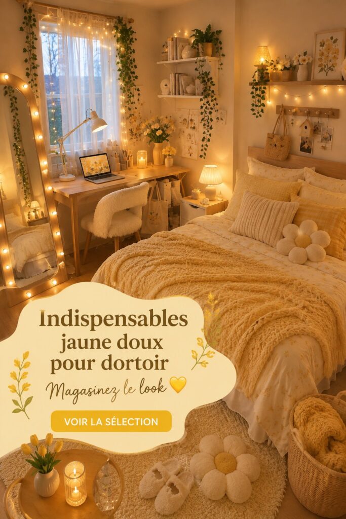 Chambre stylisée avec des accessoires en jaune doux pour une ambiance chaleureuse